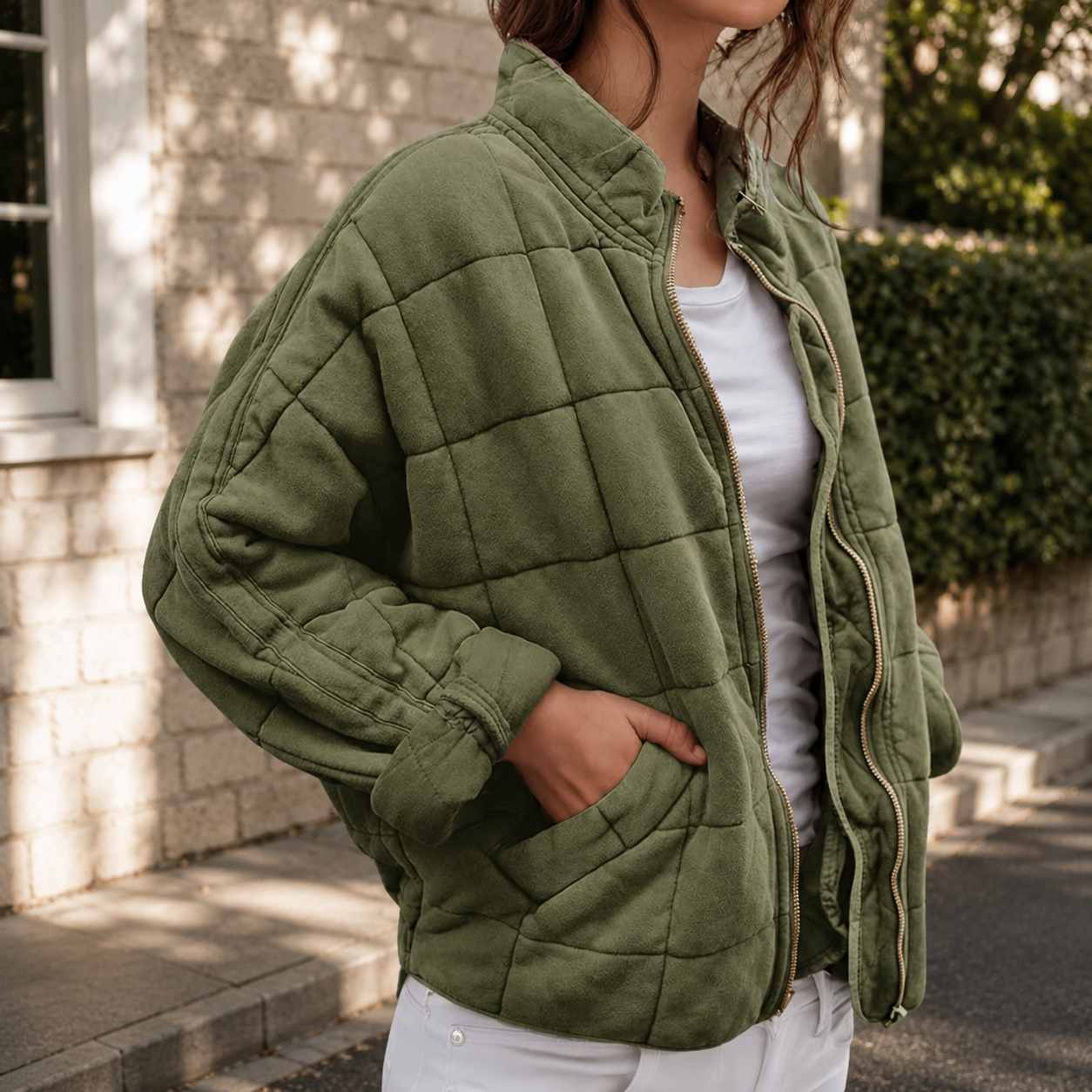 Relaxed Quilted Jacket with Stand Collar and Front Pockets