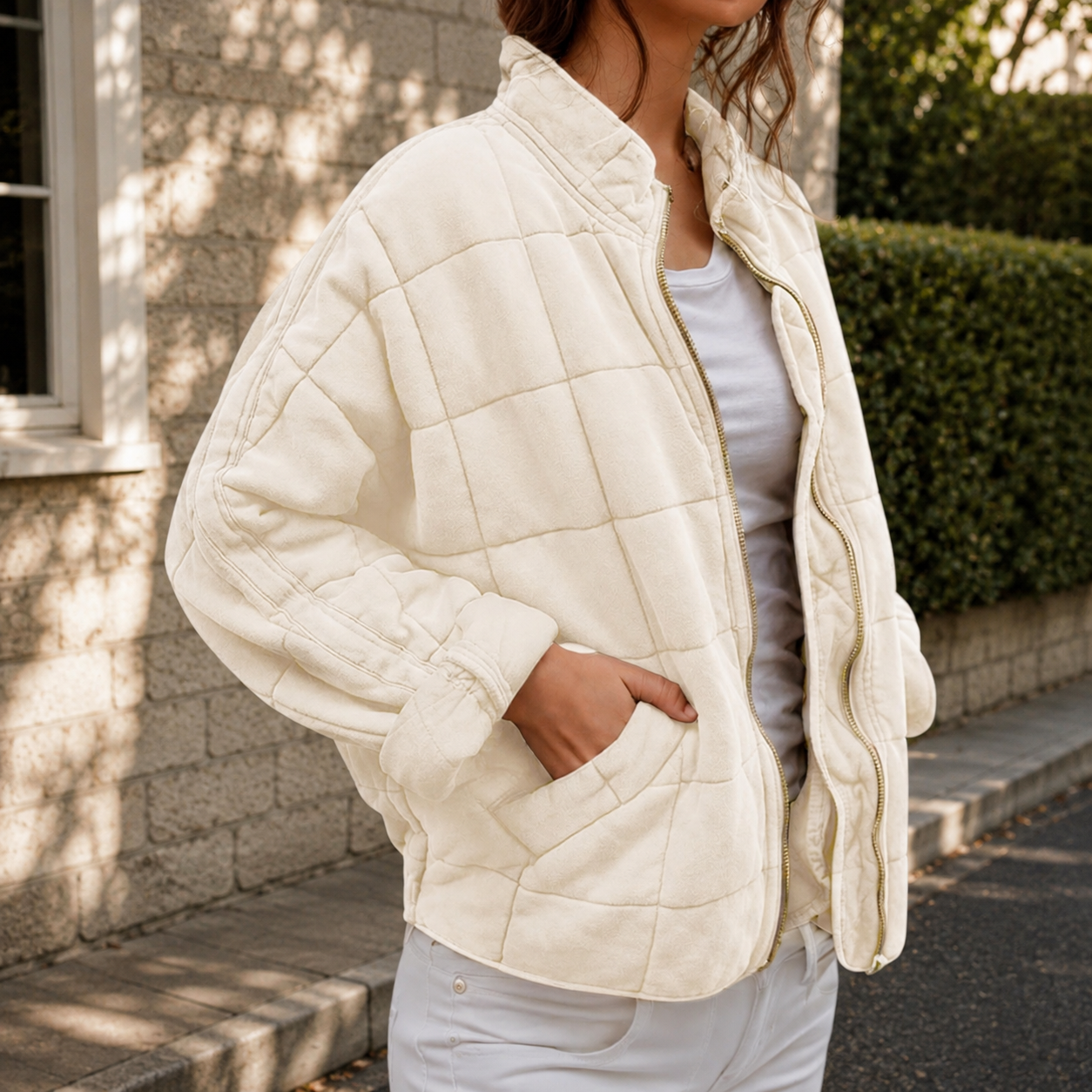 Relaxed Quilted Jacket with Stand Collar and Front Pockets