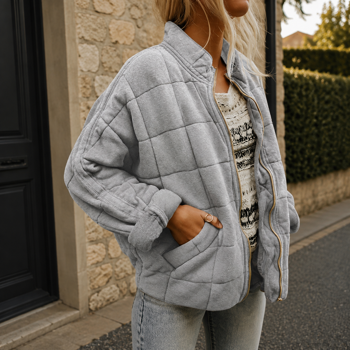 Relaxed Quilted Jacket with Stand Collar and Front Pockets
