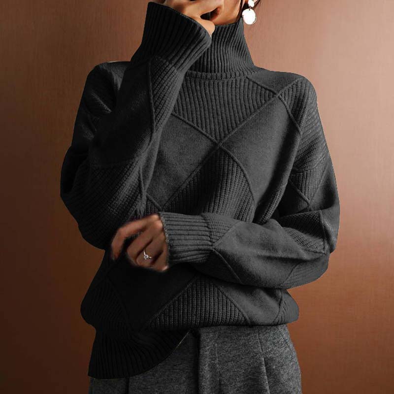 Relaxed Turtleneck Knit Sweater with Diamond Texture
