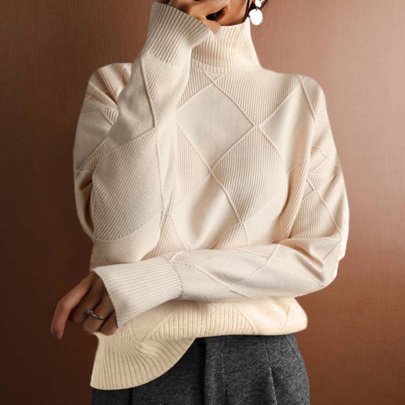 Relaxed Turtleneck Knit Sweater with Diamond Texture