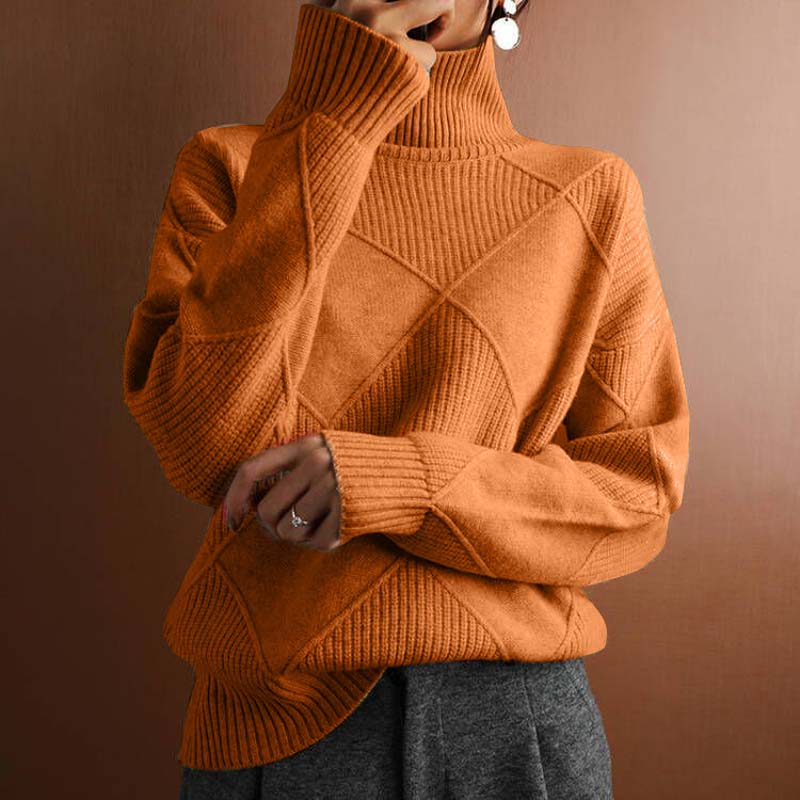 Relaxed Turtleneck Knit Sweater with Diamond Texture