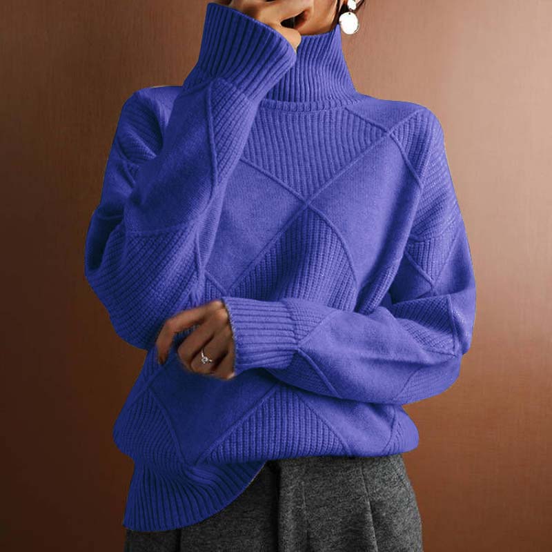 Relaxed Turtleneck Knit Sweater with Diamond Texture