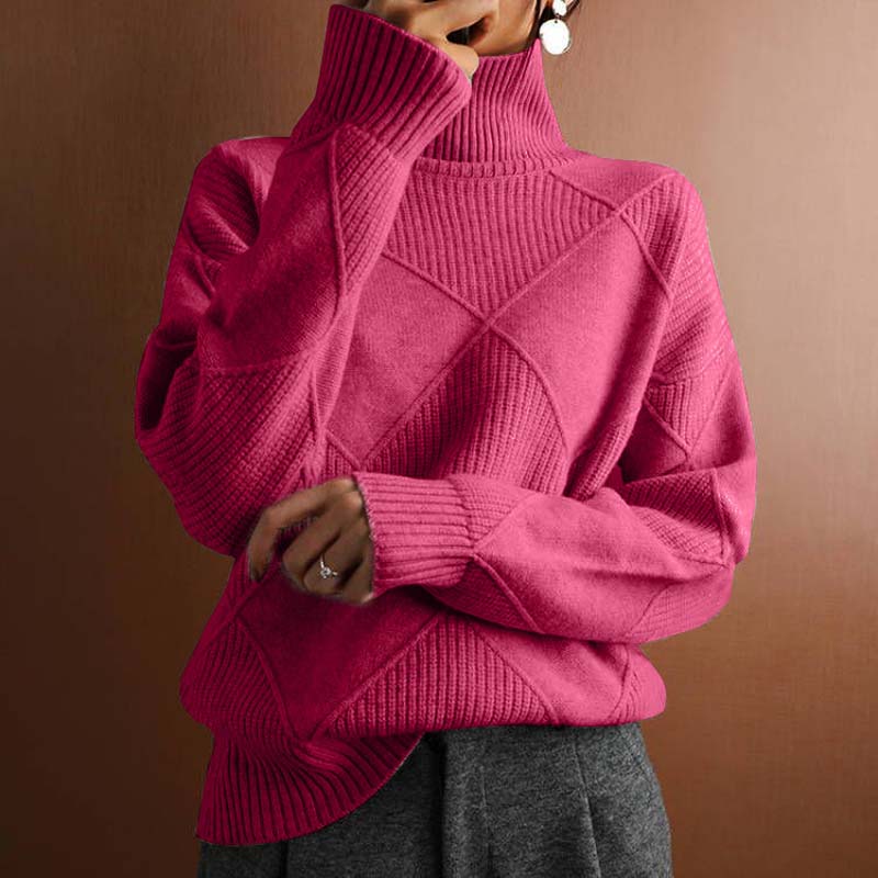 Relaxed Turtleneck Knit Sweater with Diamond Texture