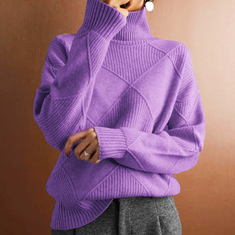 Relaxed Turtleneck Knit Sweater with Diamond Texture