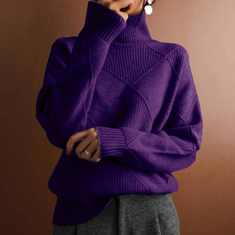 Relaxed Turtleneck Knit Sweater with Diamond Texture