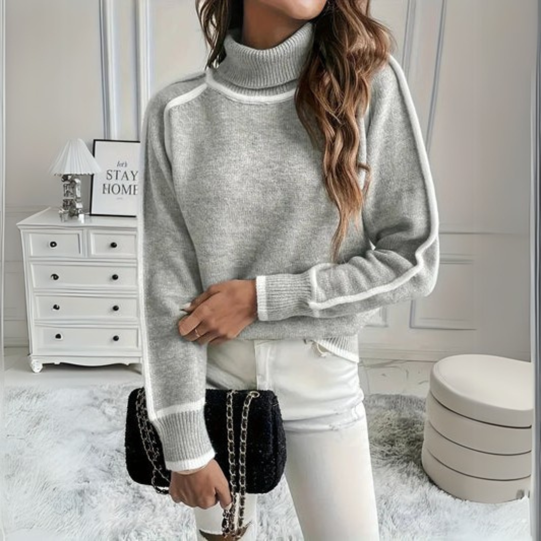 Relaxed Turtleneck Sweater with White Contrast Trim