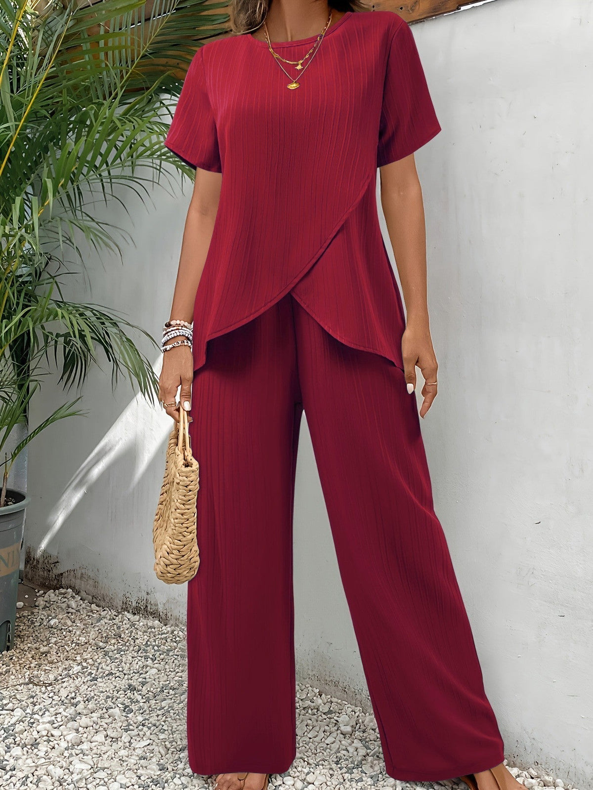 Relaxed Two Piece Set with Wrap Front Top and Wide Leg Trousers