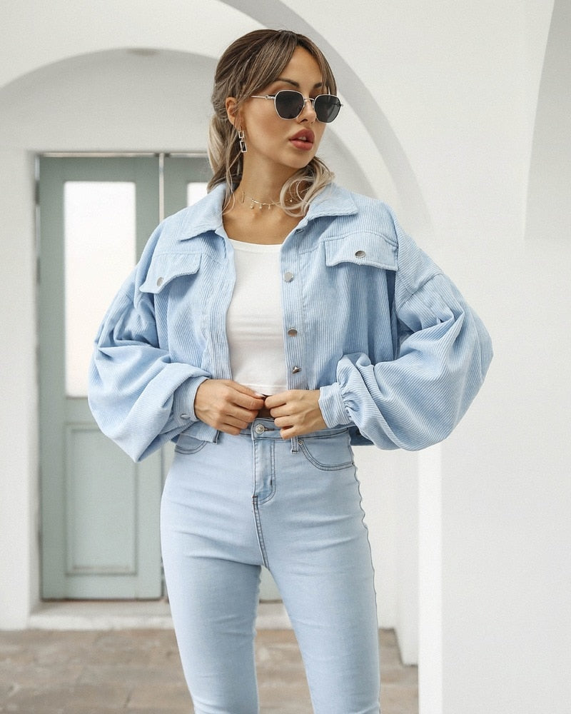 Retro Cropped Corduroy Jacket with Puff Sleeves and Chest Pockets
