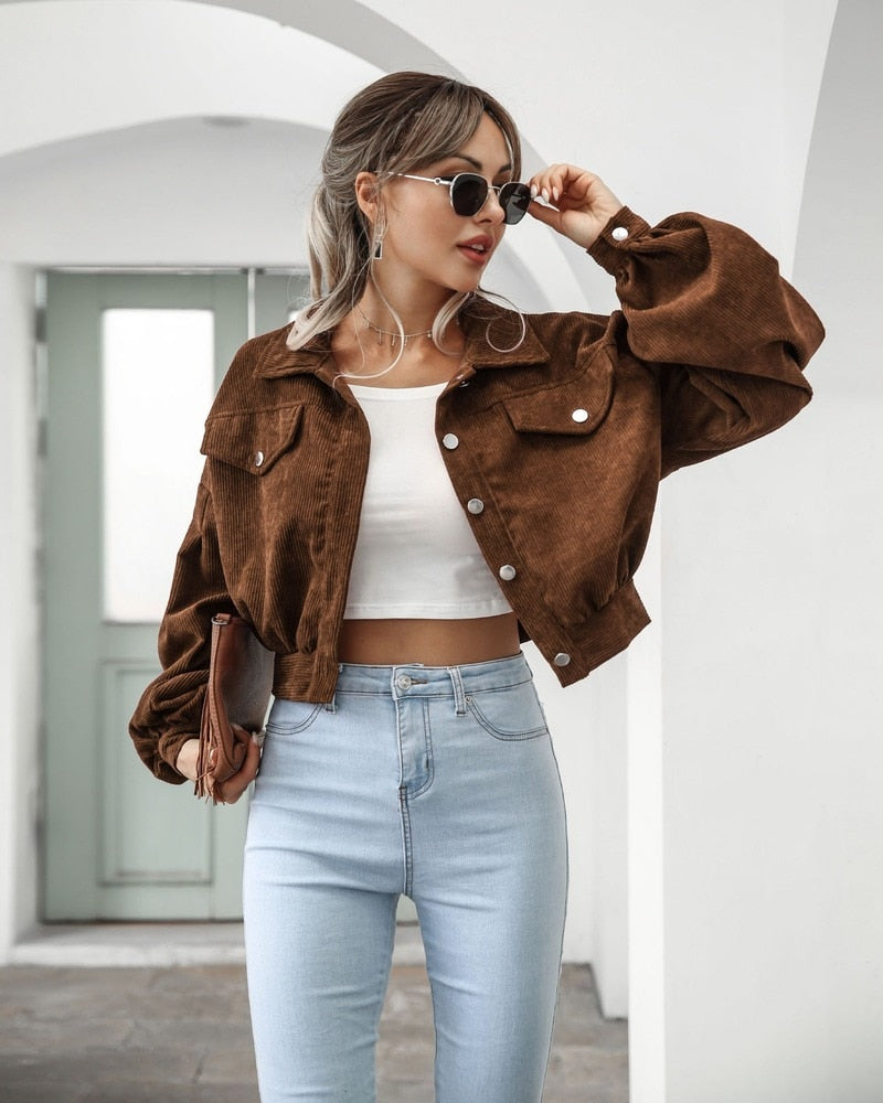 Retro Cropped Corduroy Jacket with Puff Sleeves and Chest Pockets