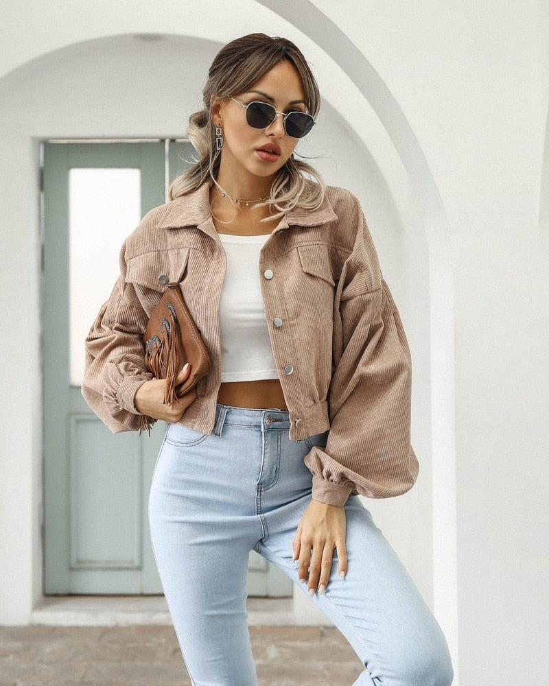Retro Cropped Corduroy Jacket with Puff Sleeves and Chest Pockets