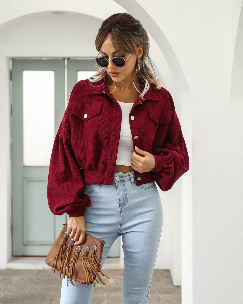 Retro Cropped Corduroy Jacket with Puff Sleeves and Chest Pockets