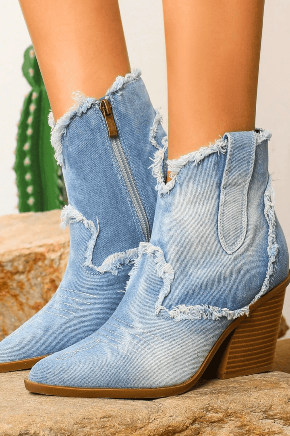 Retro Denim Western Ankle Boots with Frayed Edge Detail