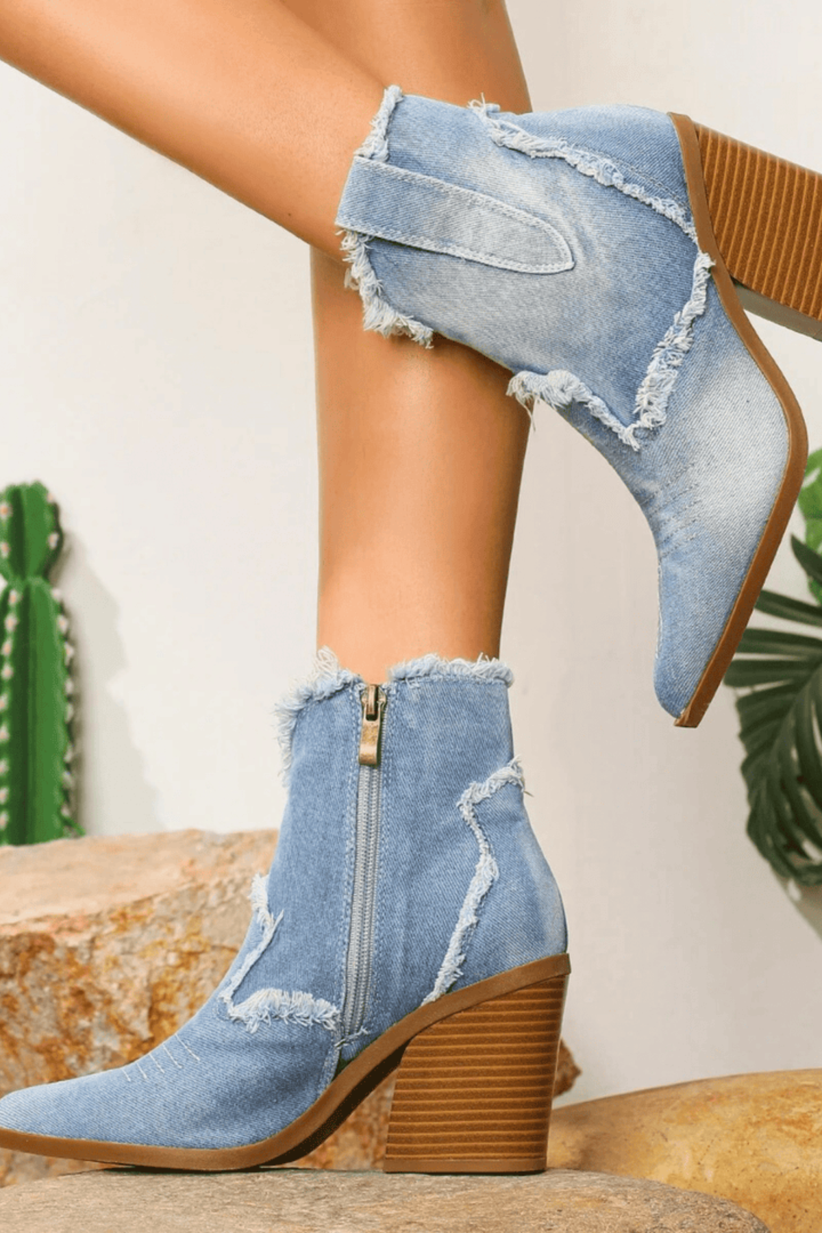 Retro Denim Western Ankle Boots with Frayed Edge Detail
