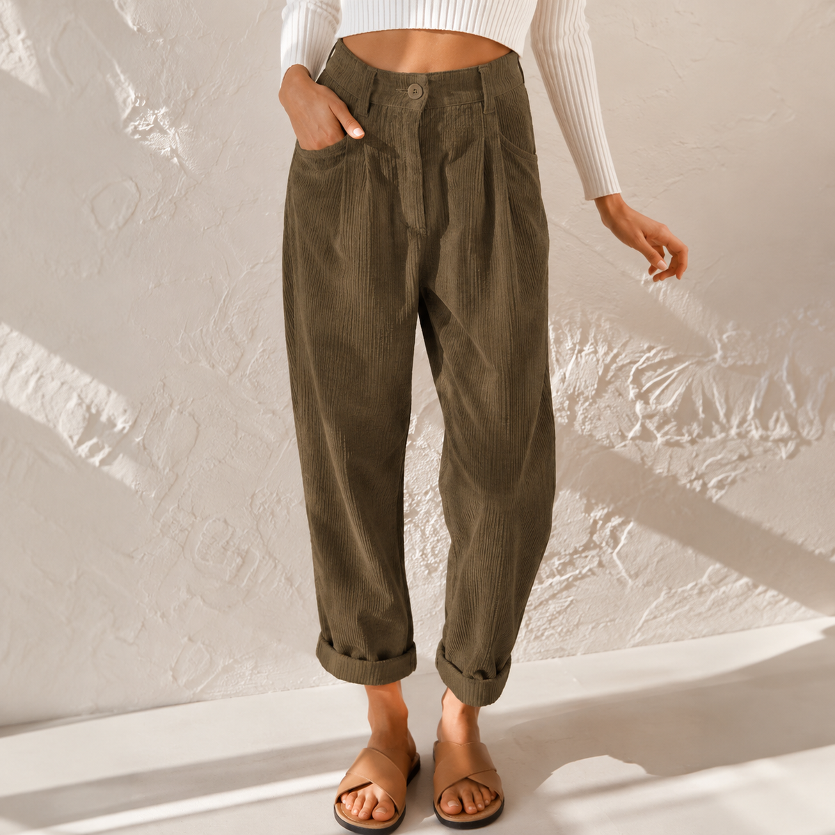 Retro High Waist Corduroy Trousers with Rolled Hem