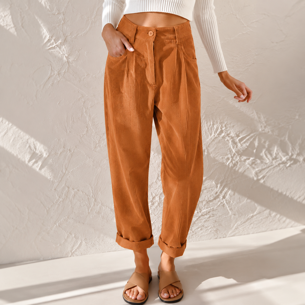 Retro High Waist Corduroy Trousers with Rolled Hem