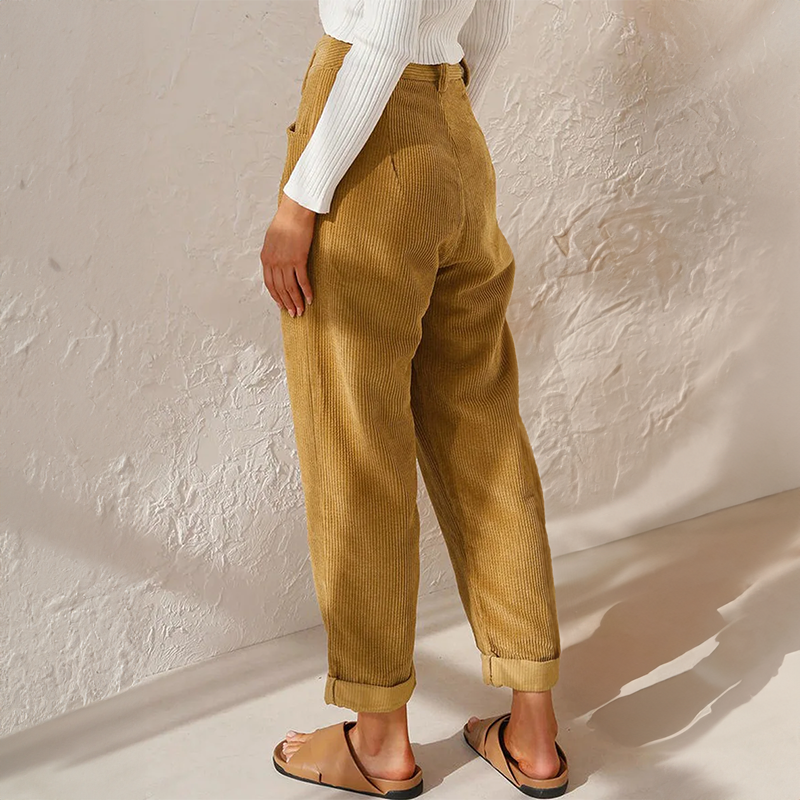 Retro High Waist Corduroy Trousers with Rolled Hem