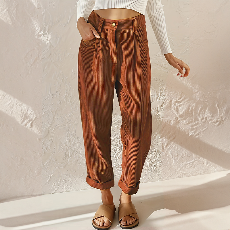 Retro High Waist Corduroy Trousers with Rolled Hem