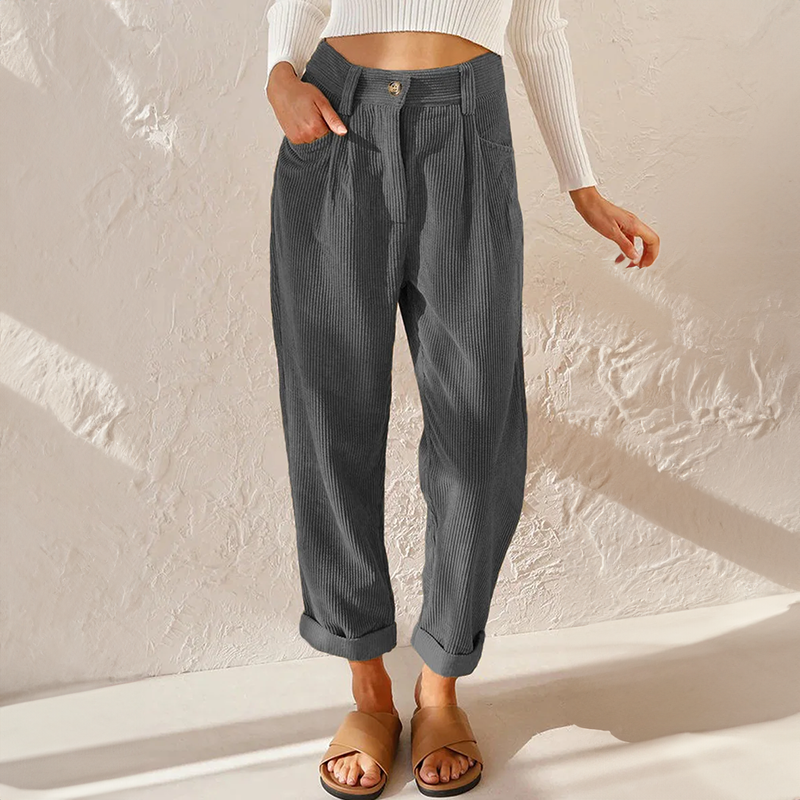 Retro High Waist Corduroy Trousers with Rolled Hem