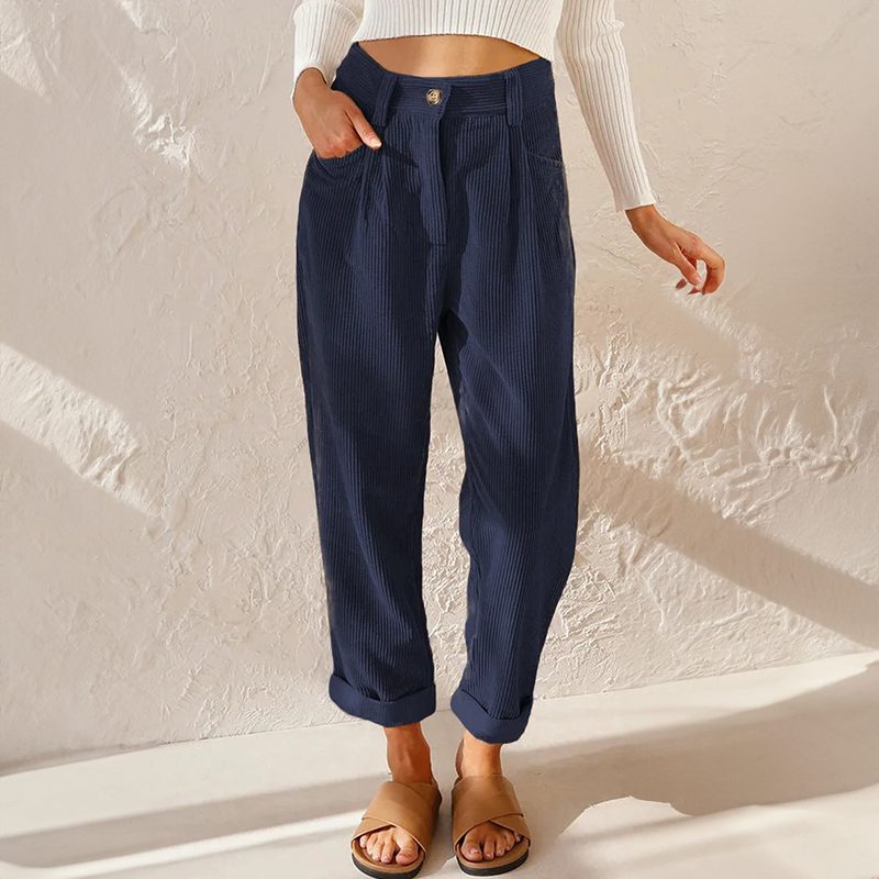 Retro High Waist Corduroy Trousers with Rolled Hem