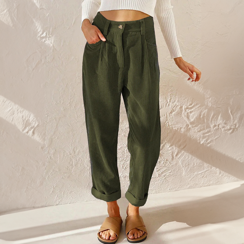 Retro High Waist Corduroy Trousers with Rolled Hem