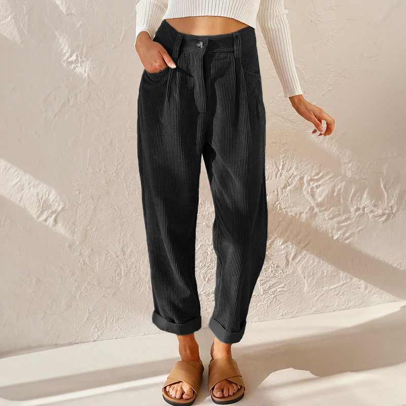 Retro High Waist Corduroy Trousers with Rolled Hem
