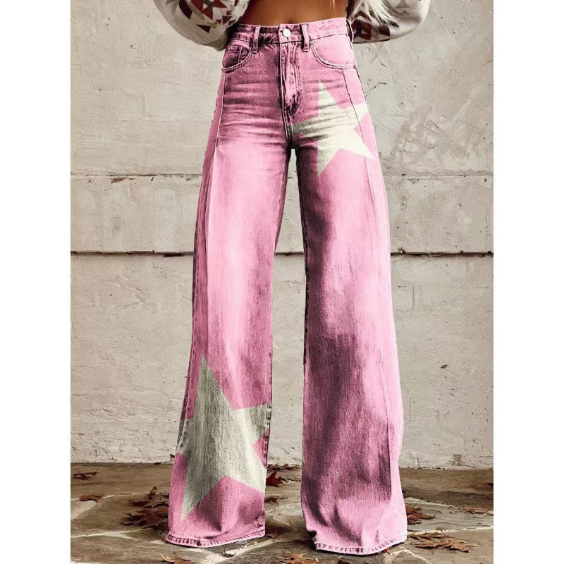 Retro High Waist Wide Leg Jeans with Bold Print