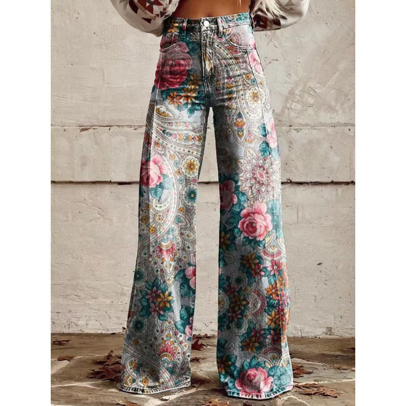 Retro High Waist Wide Leg Jeans with Bold Print