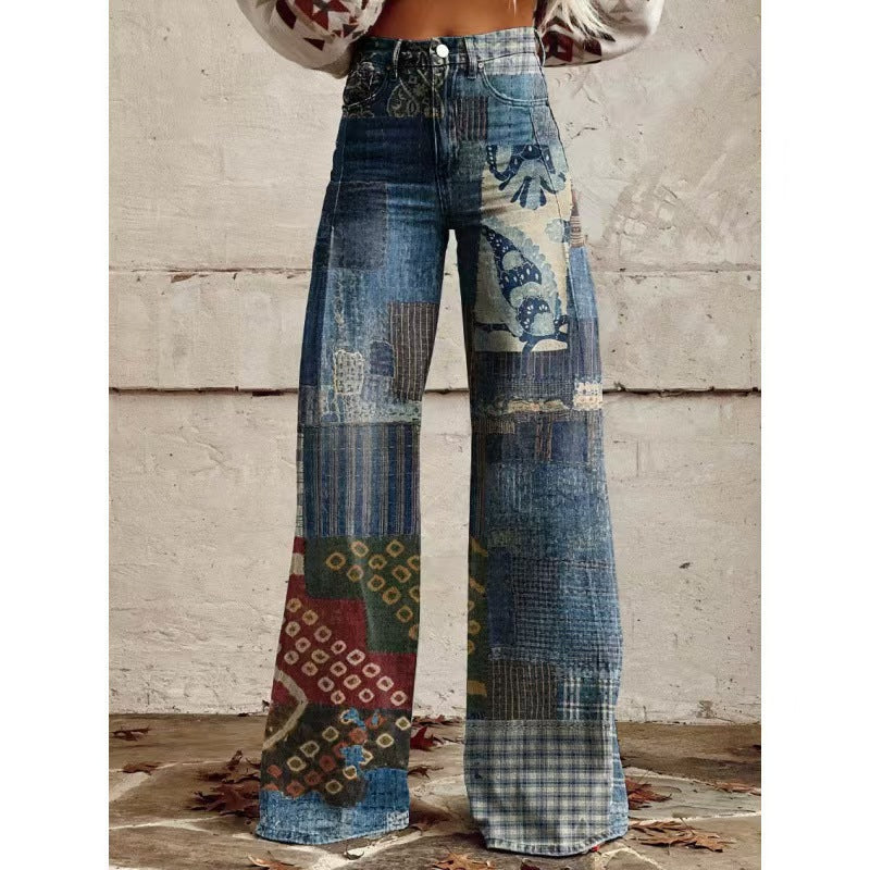Retro High Waist Wide Leg Jeans with Bold Print
