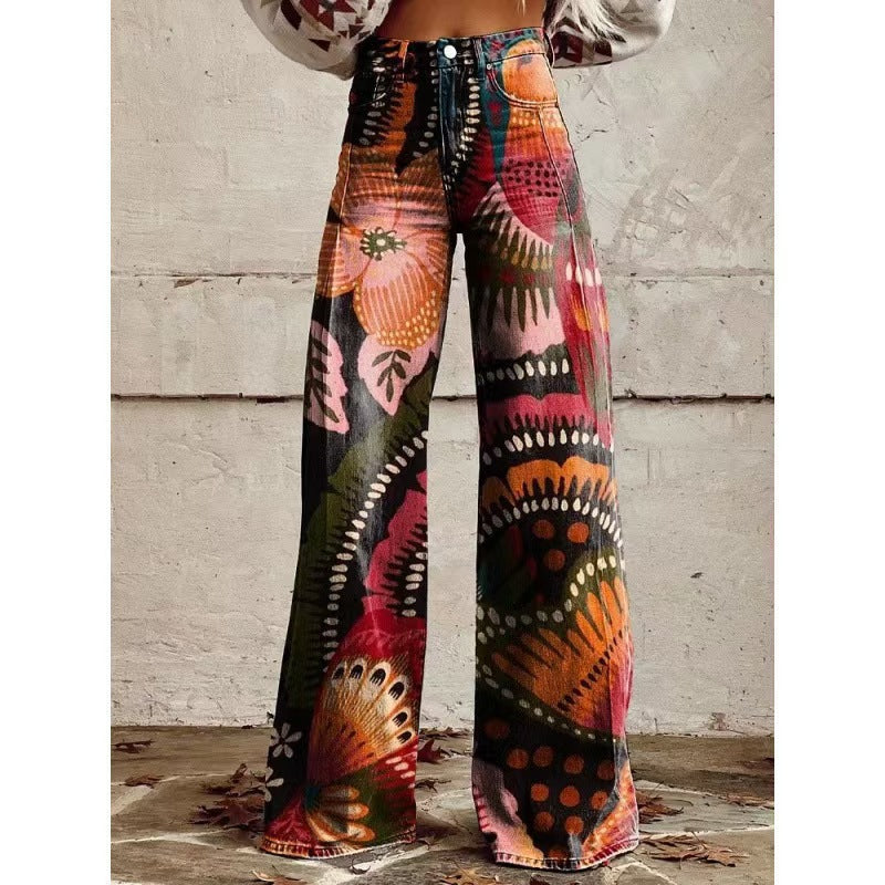 Retro High Waist Wide Leg Jeans with Bold Print