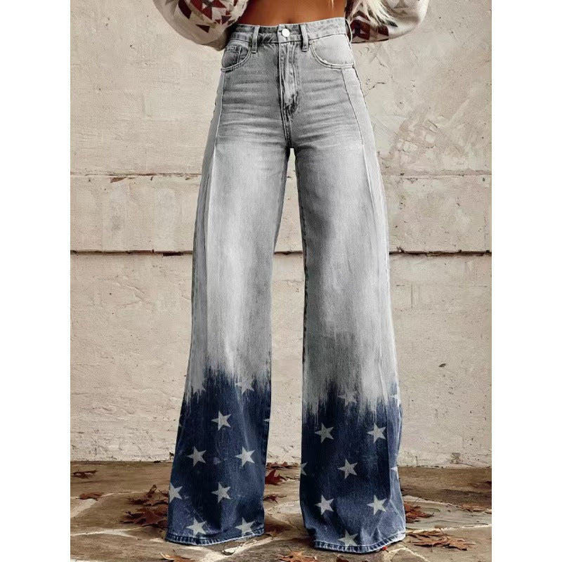 Retro High Waist Wide Leg Jeans with Bold Print