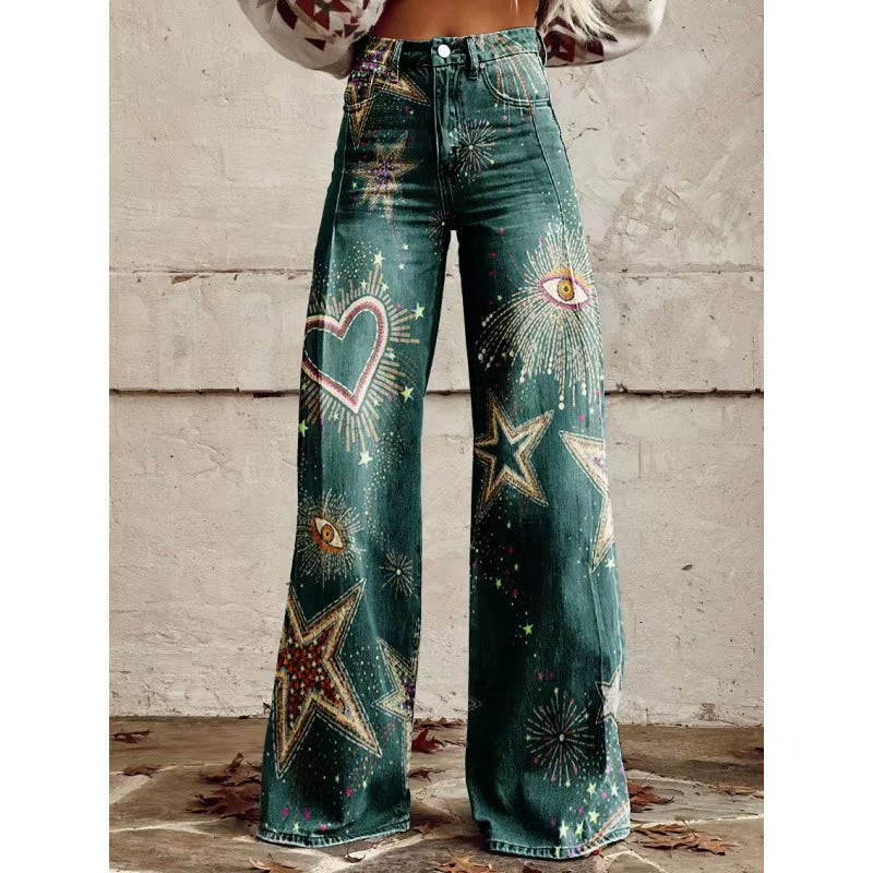 Retro High Waist Wide Leg Jeans with Bold Print