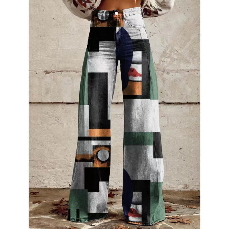 Retro High Waist Wide Leg Jeans with Bold Print