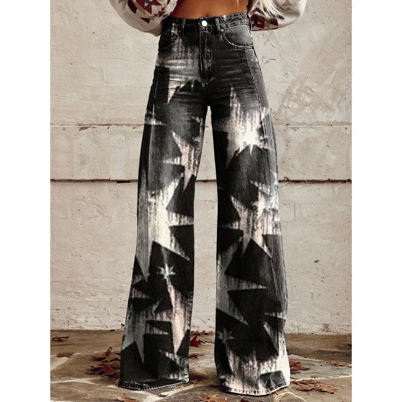 Retro High Waist Wide Leg Jeans with Bold Print