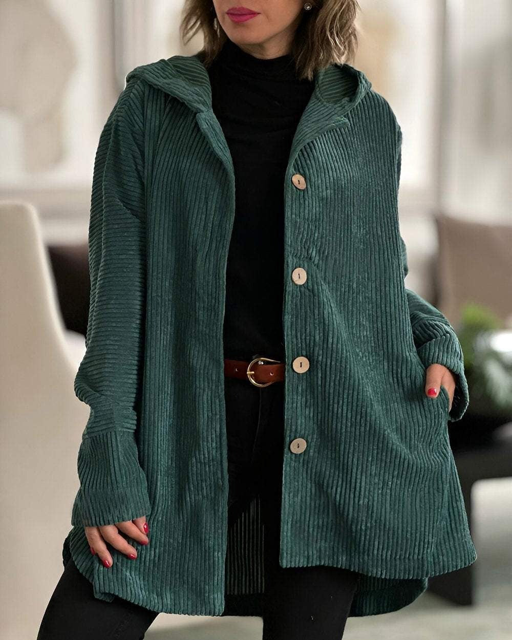 Retro Hooded Corduroy Jacket with Patch Pockets