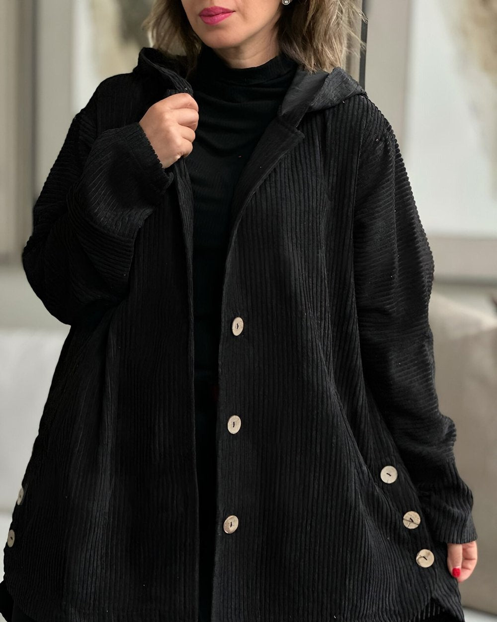 Retro Hooded Corduroy Jacket with Patch Pockets