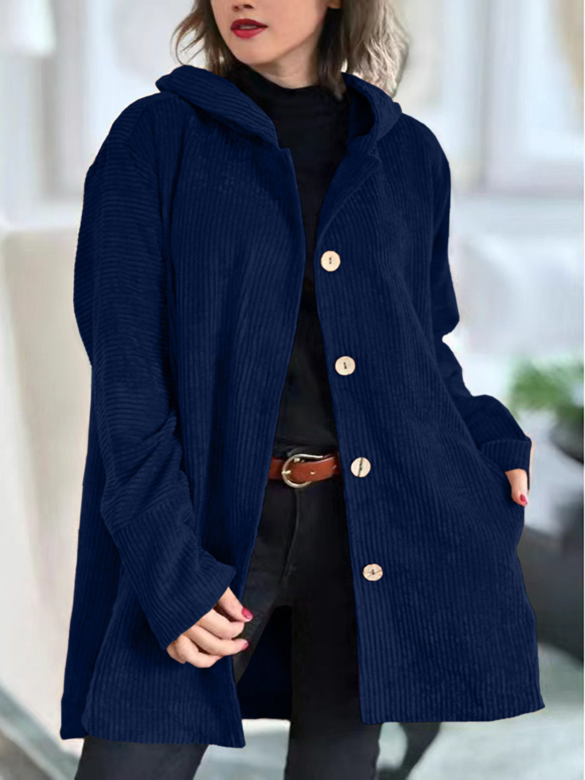 Retro Hooded Corduroy Jacket with Patch Pockets