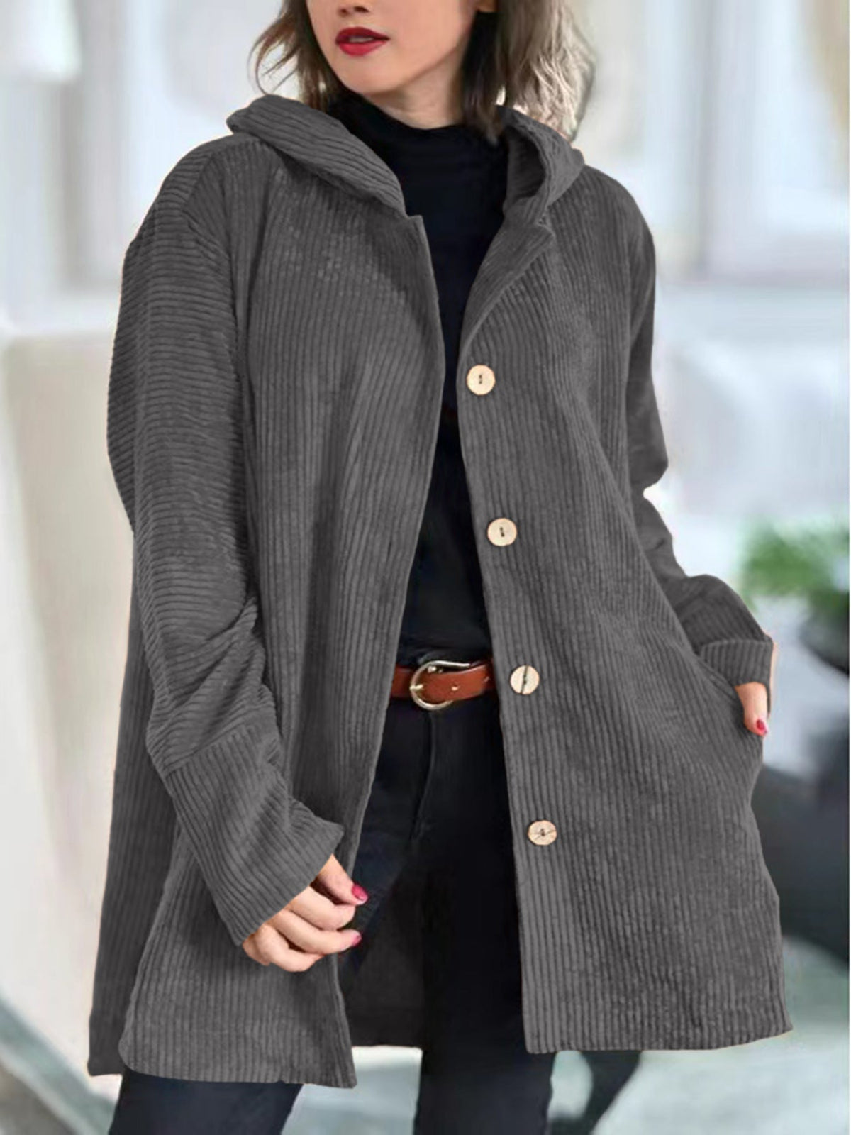 Retro Hooded Corduroy Jacket with Patch Pockets