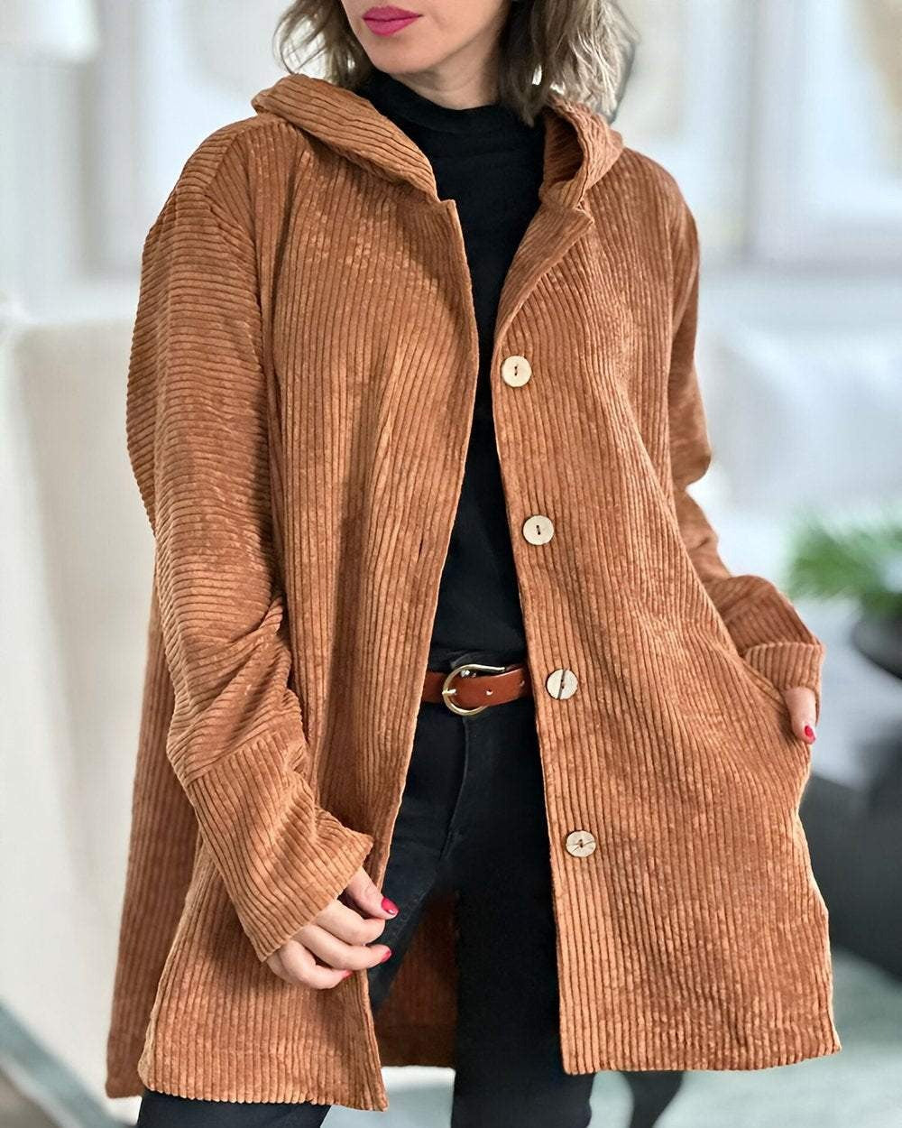 Retro Hooded Corduroy Jacket with Patch Pockets