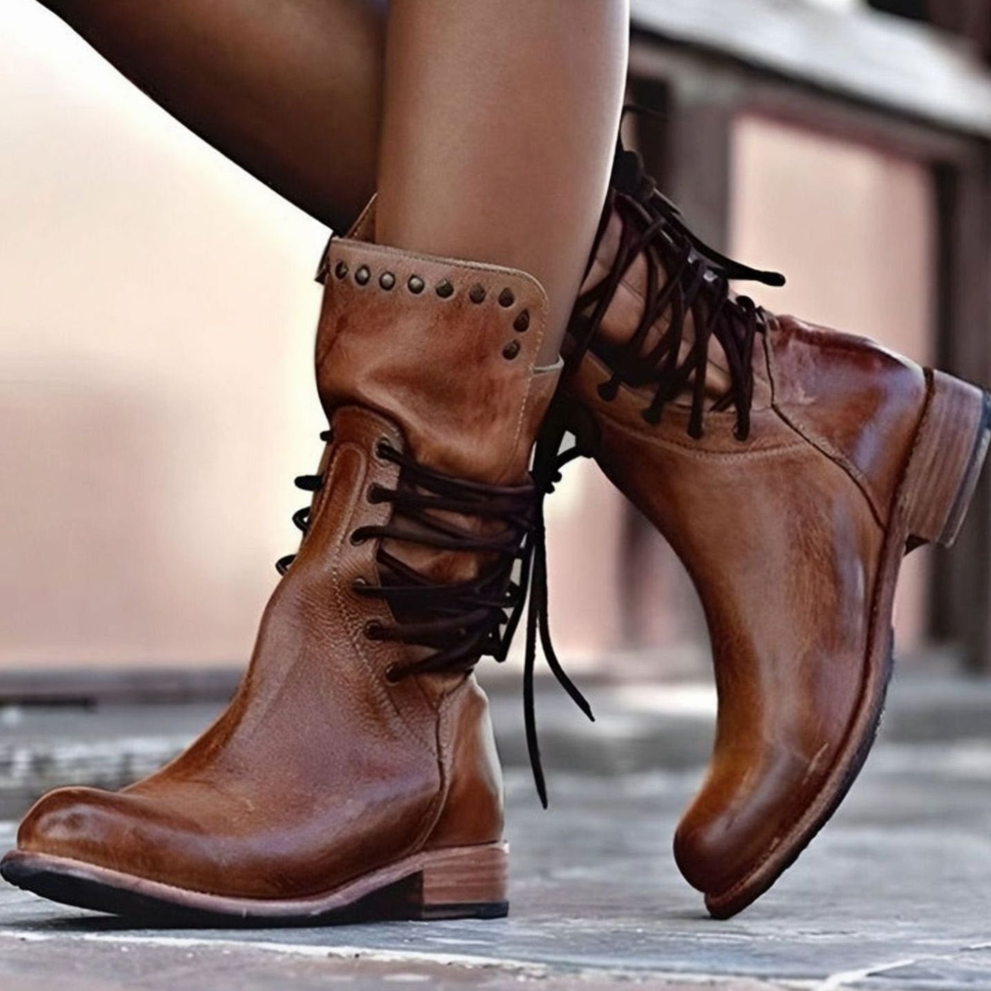 Retro Leather Lace-Up Ankle Boots with Studded Trim