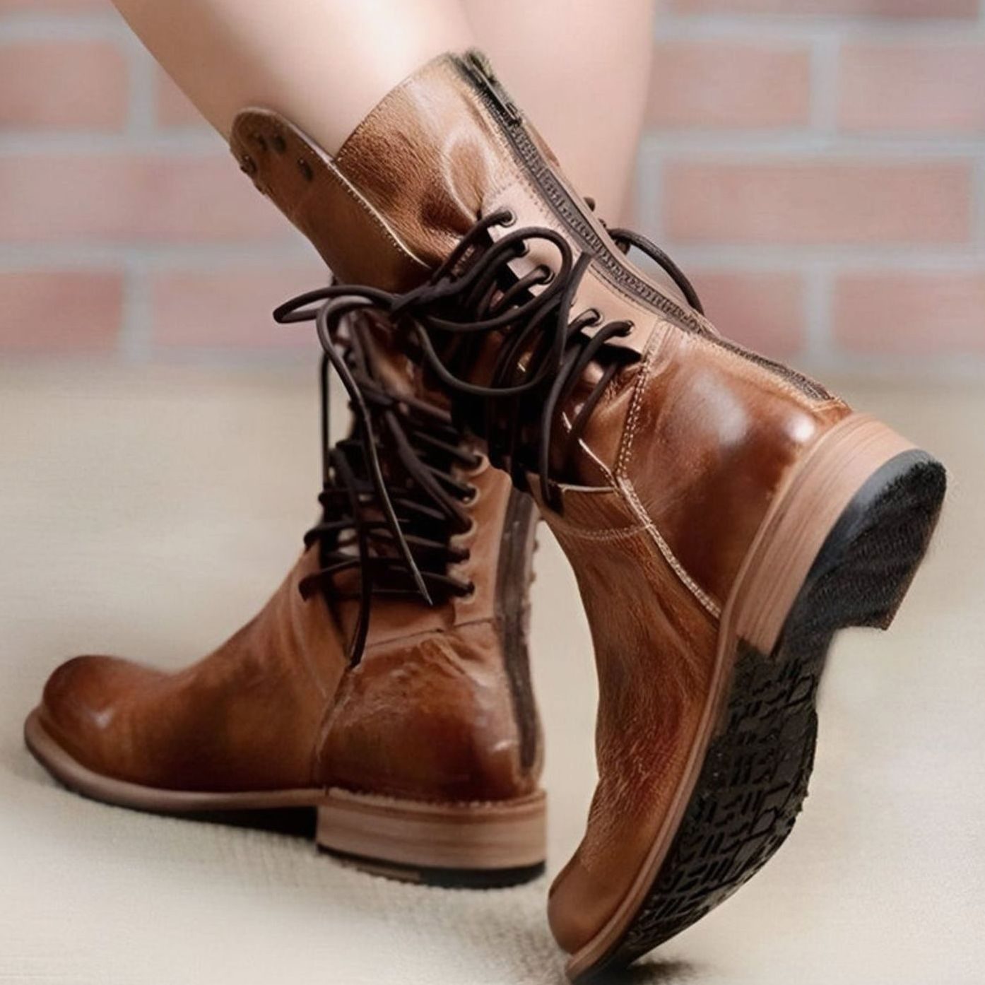 Retro Leather Lace-Up Ankle Boots with Studded Trim