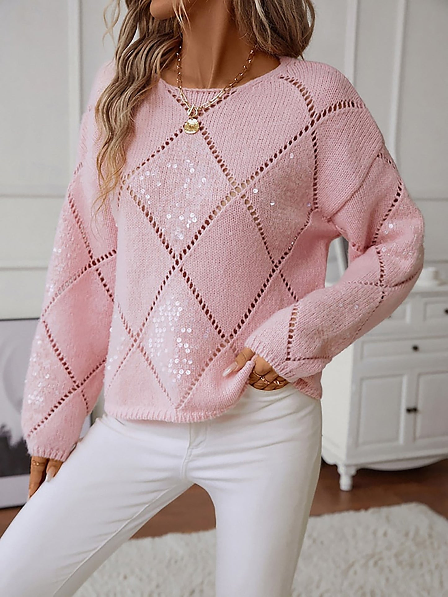 Sequin Diamond Knit Sweater with Crew Neck and Puff Sleeves
