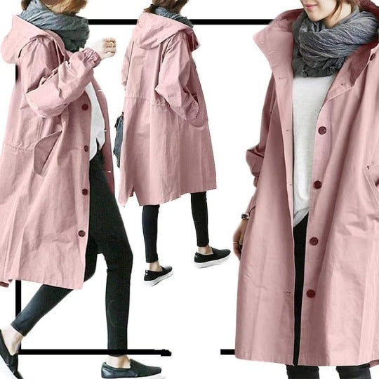 Women's Hooded Trench Coat Button-Front Knee-Length