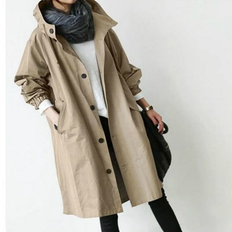 Women's Hooded Trench Coat Button-Front Knee-Length