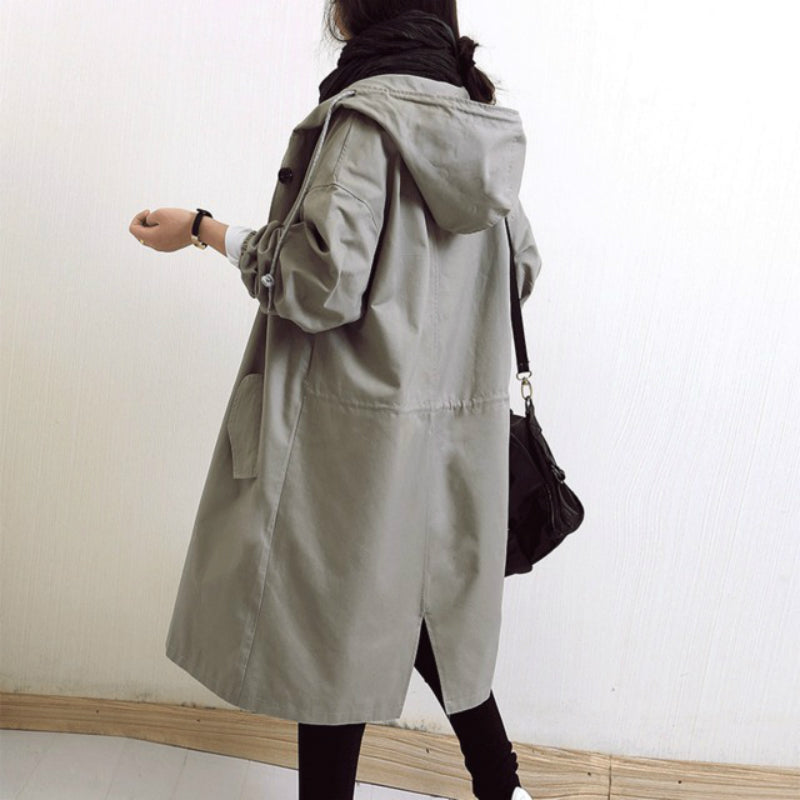 Women's Hooded Trench Coat Button-Front Knee-Length