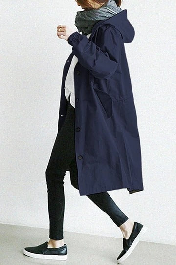 Women's Hooded Trench Coat Button-Front Knee-Length