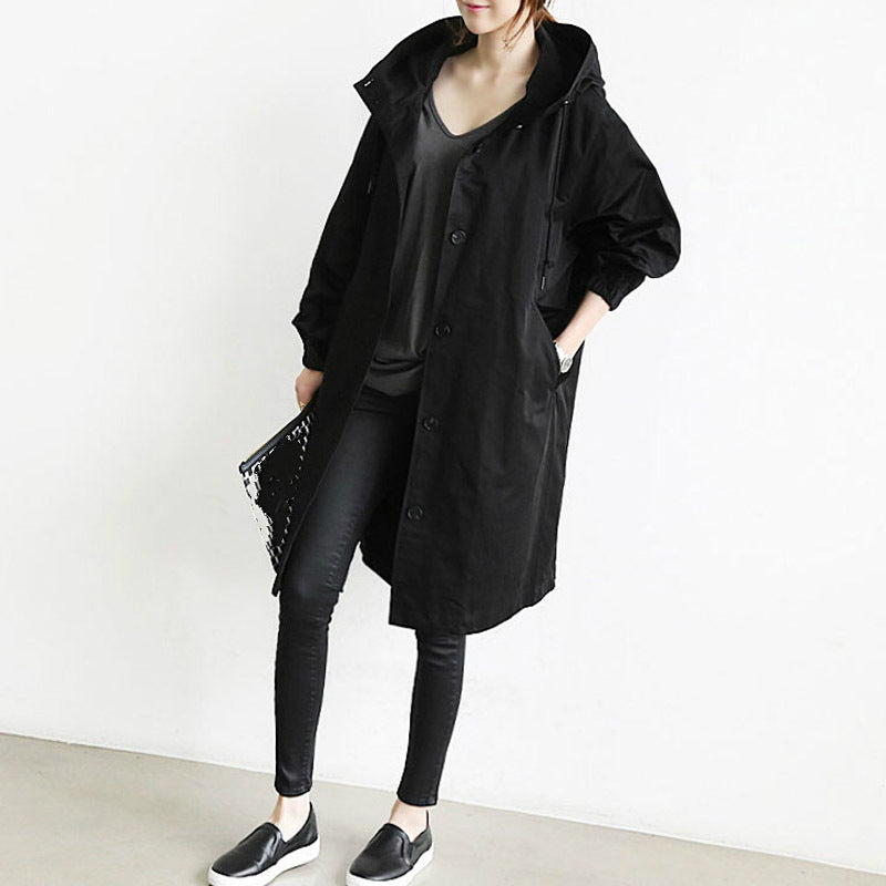 Women's Hooded Trench Coat Button-Front Knee-Length