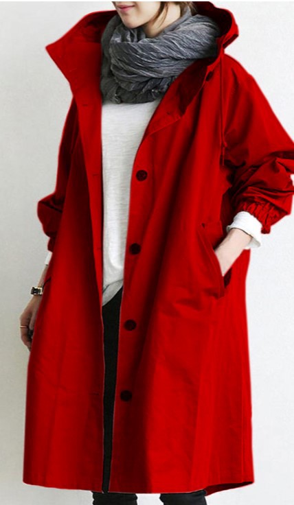 Women's Hooded Trench Coat Button-Front Knee-Length