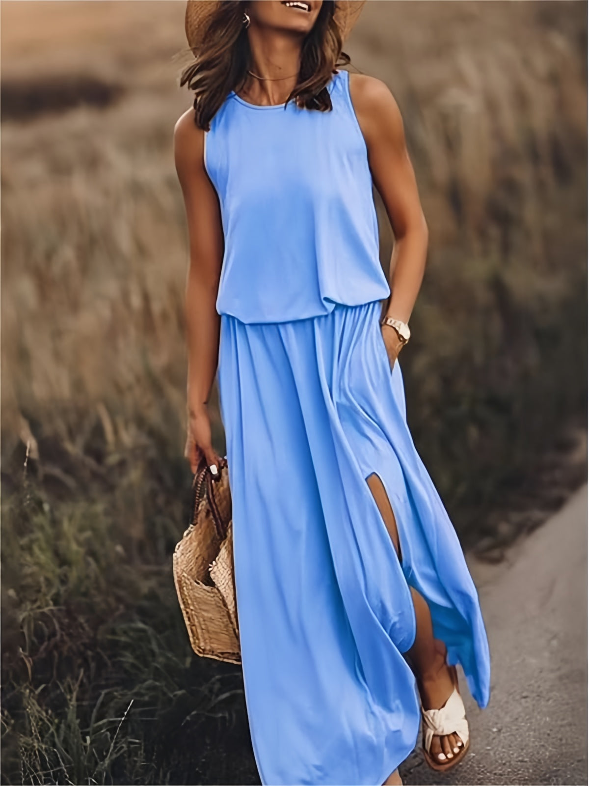 Sleeveless Blouson Maxi Dress with Elasticated Waist and Side Slits
