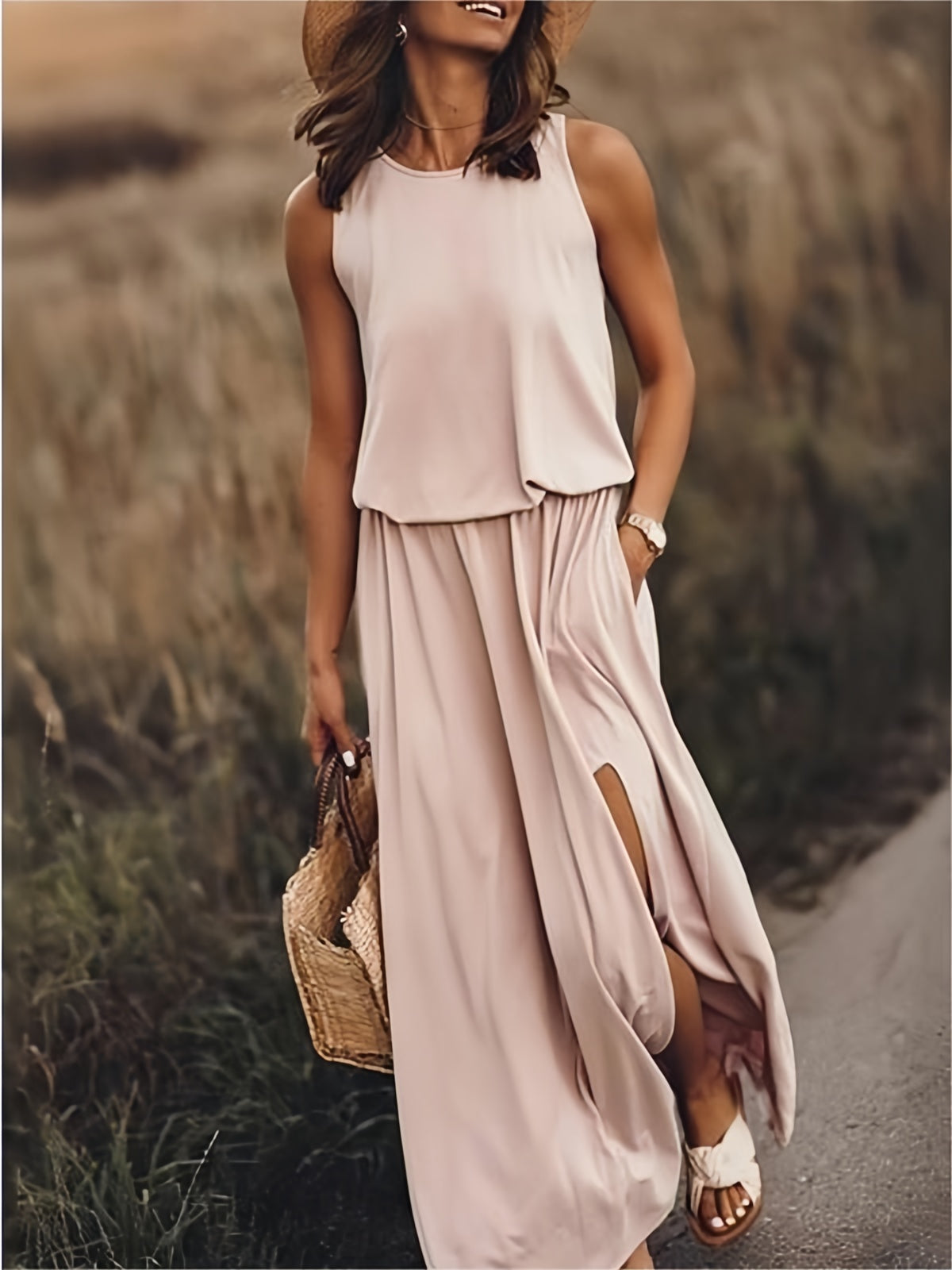 Sleeveless Blouson Maxi Dress with Elasticated Waist and Side Slits